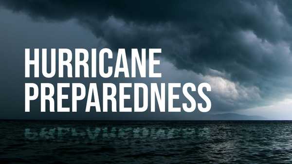 Storm clouds roll in over choppy ocean water. Text reads Hurricane Preparedness